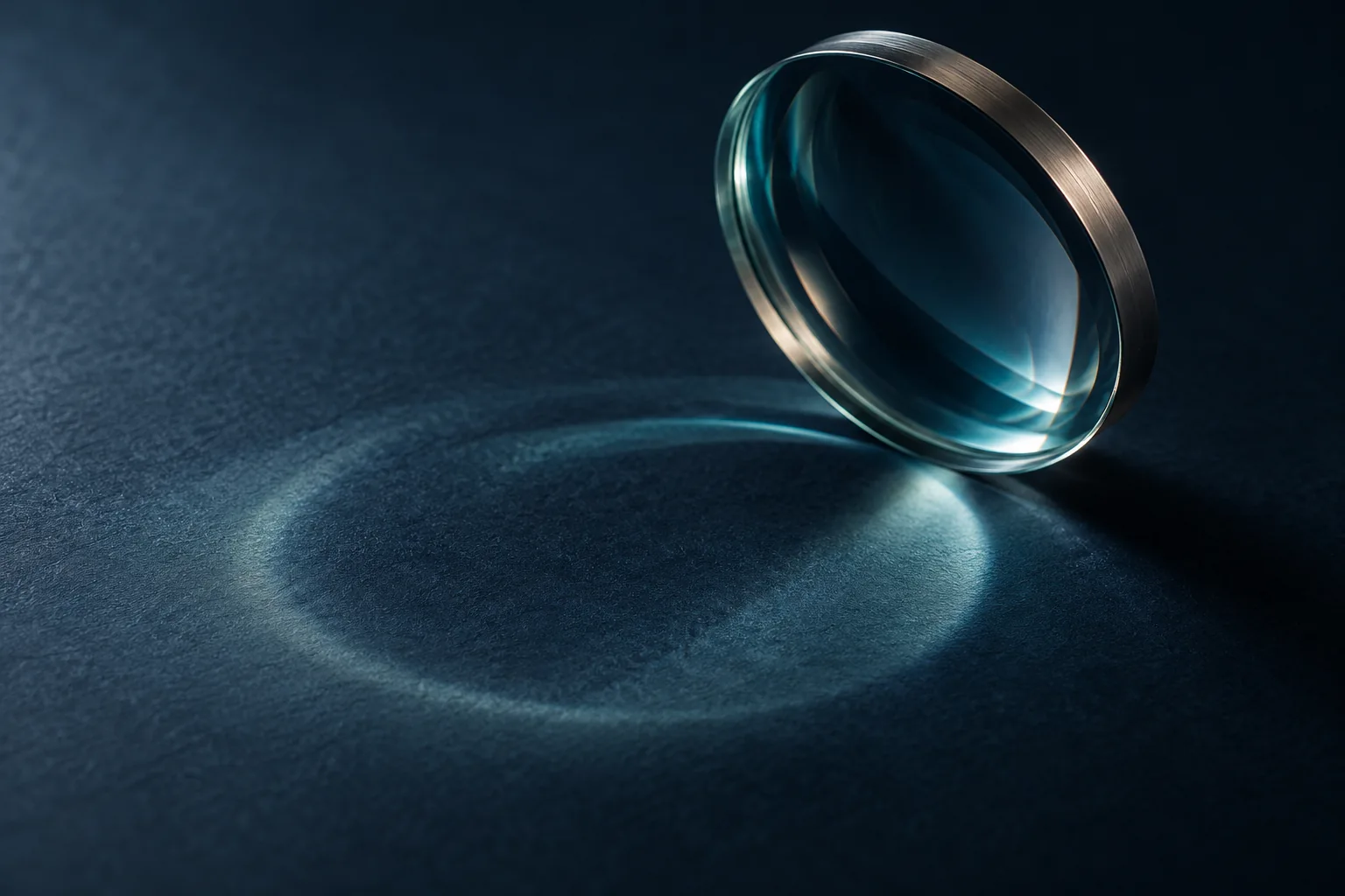 An optical lens casts a soft ring on dark laboratory paper.