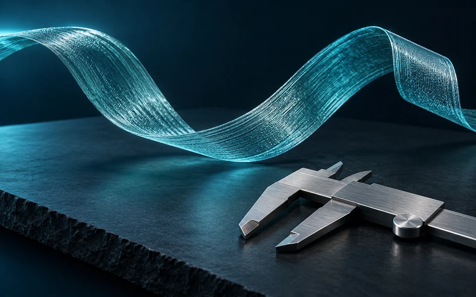 A flexible aqua ribbon and unmarked caliper symbolize interpreting a mechanical surrogate.