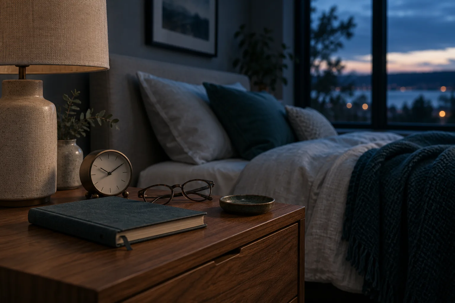A quiet bedside table with an analog clock and closed journal at dusk.