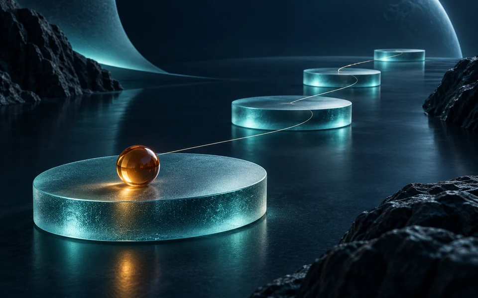 Translucent stepping platforms and an amber sphere symbolize assessing balance and movement.