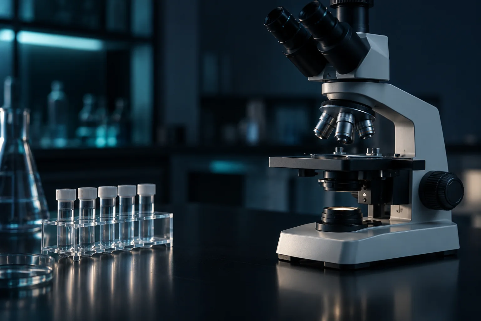 A microscope and clear capped tubes on a dark teal-lit laboratory bench.