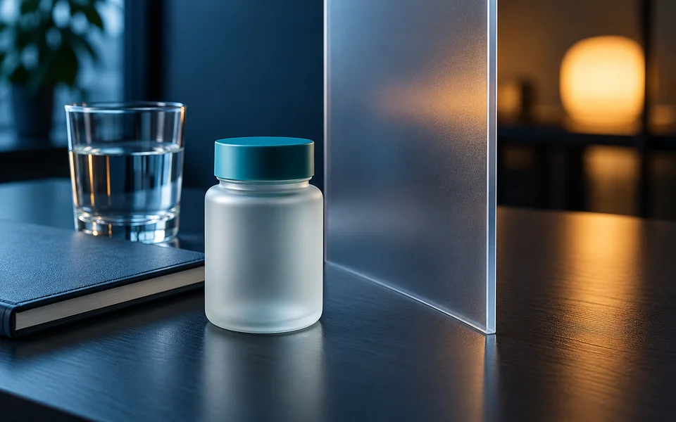 An unmarked sample bottle and closed notebook are separated by a translucent partition.